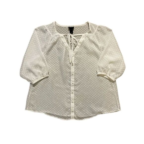 Vintage Torrid White Sheer Swiss Dot 3/4 Sleeve Tie Neck Blouse | Size 0/16-18/E - Picture 1 of 5